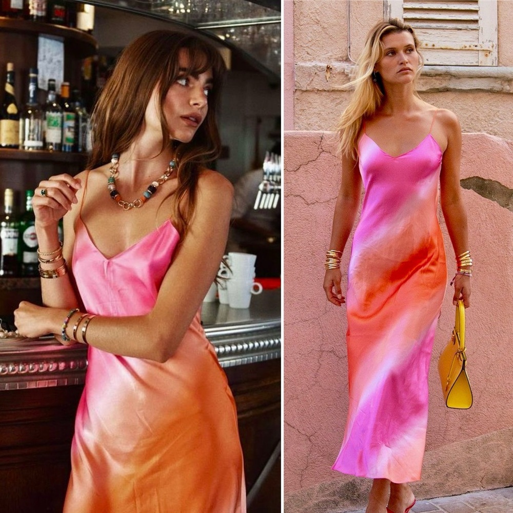 DANNIJO Silk Ombre Midi Slip Dress Pink Orange Sunset Small Boho Party Summer